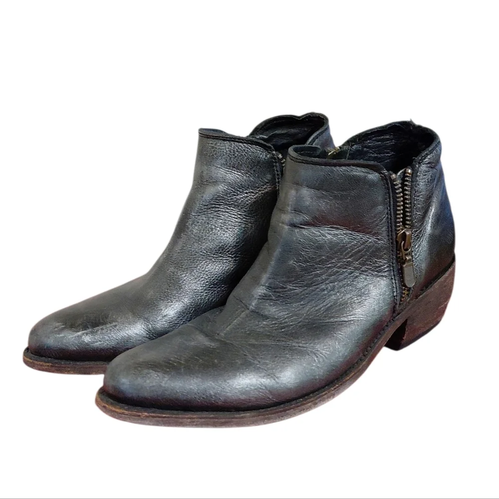 LIBERTY Metallic Black Distressed Leather Ankle Boots 